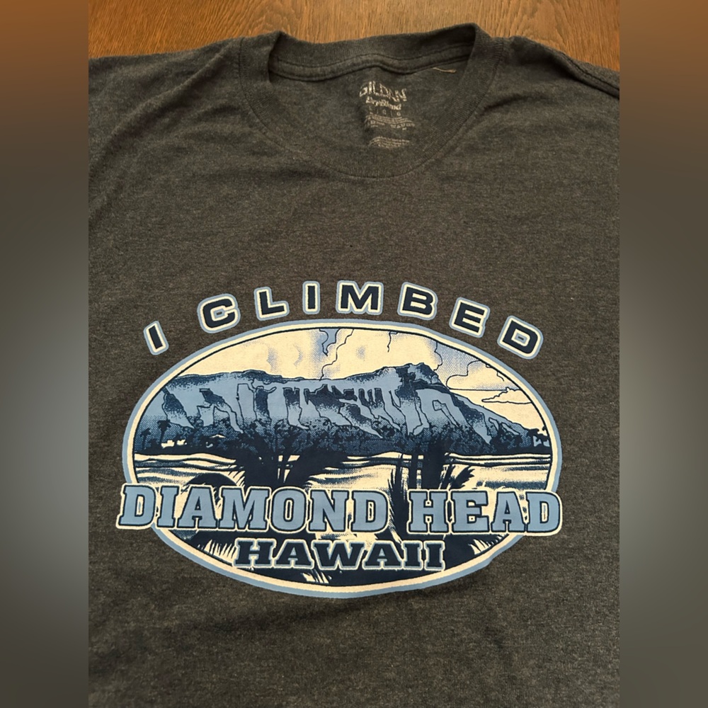Large “I climbed Diamond Head” Hawaiian t shirt. Gray w/blue and white graphics.